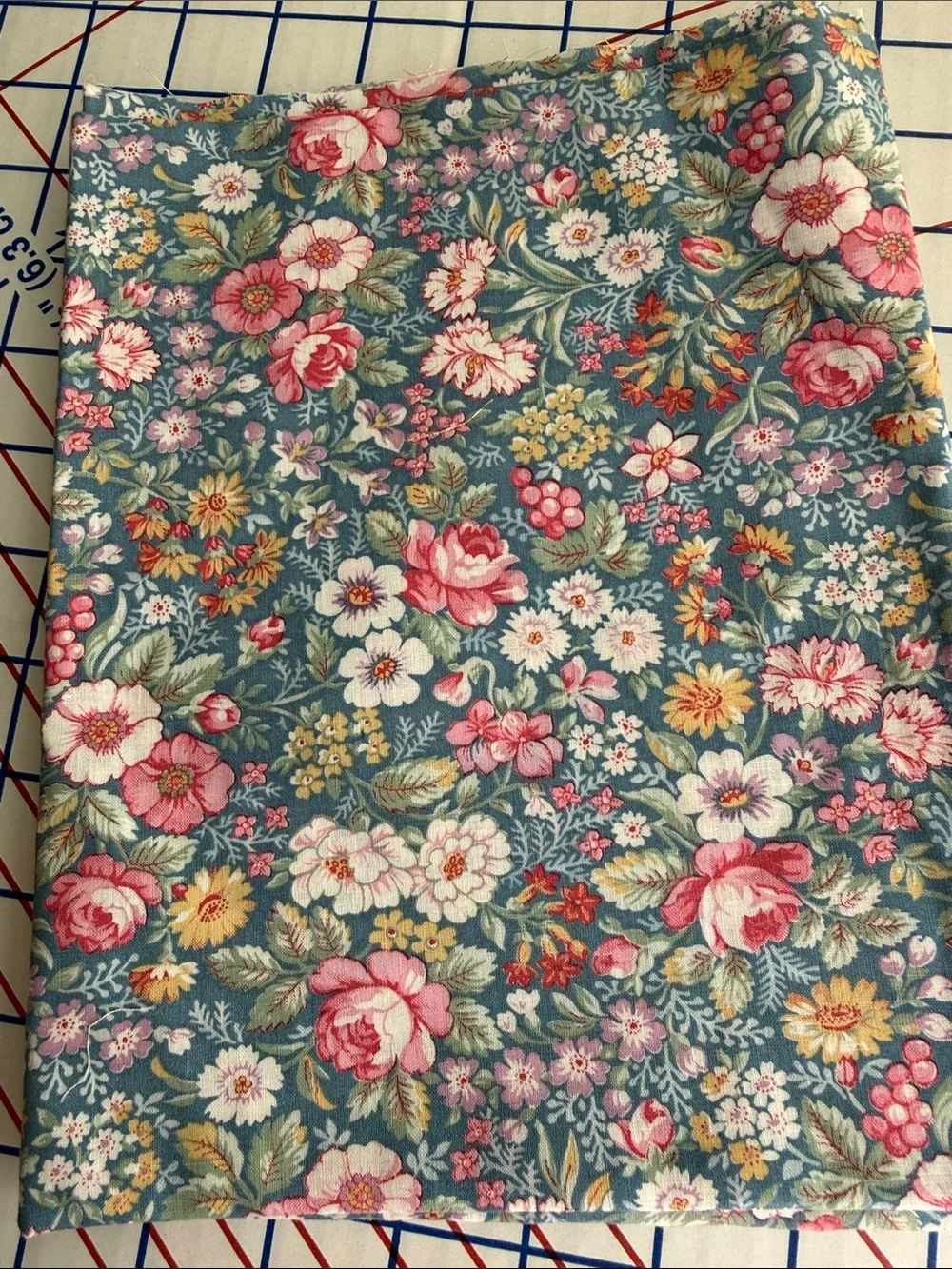 Vintage 1980s Floral Fabric 1 Yard x 44 Teal Pink Roses English Garden Cotton